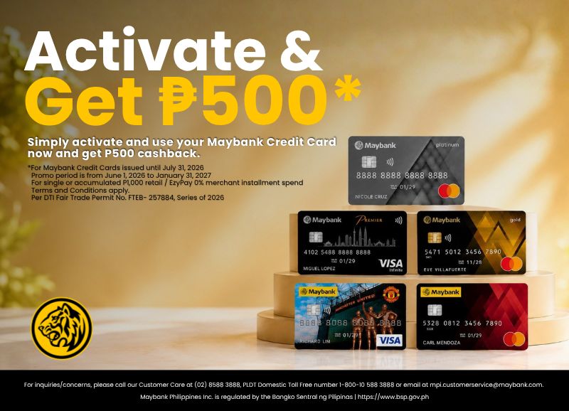 Maybank installments credit card promo: P500 cash back with your Maybank Credit Card